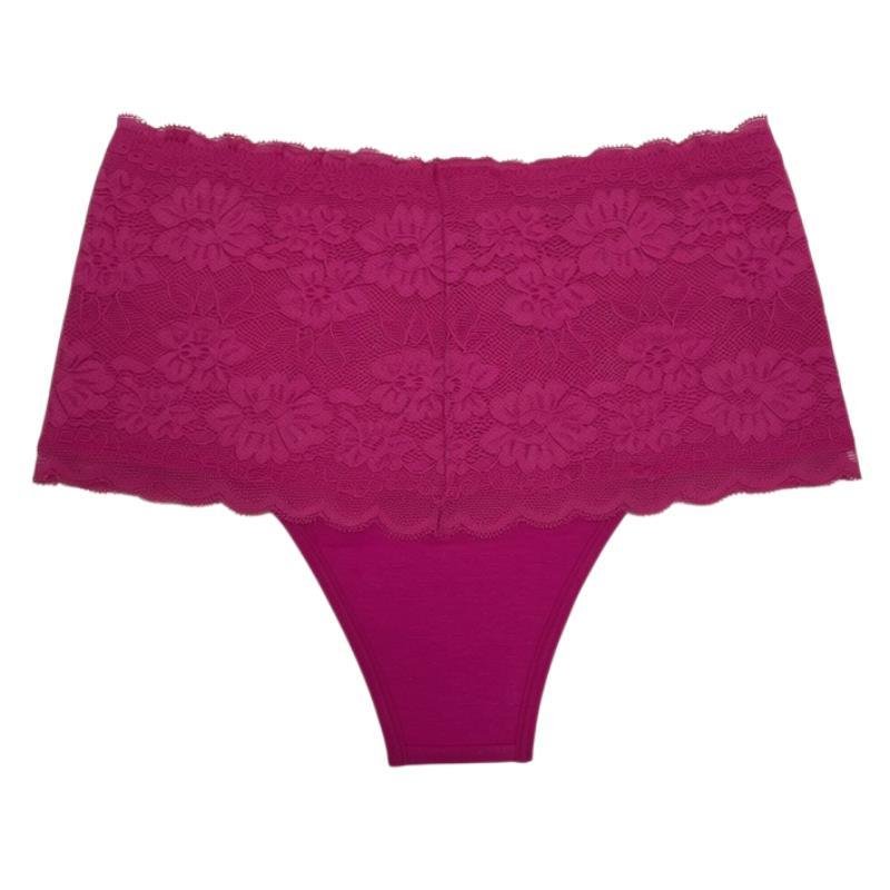CALCINHA TANGA CÓS ALTO EM COTTON E RENDA